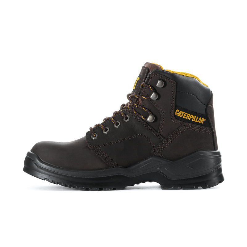 Dark brown steel toe work boot with lace-up, padded collar, and chunky sole