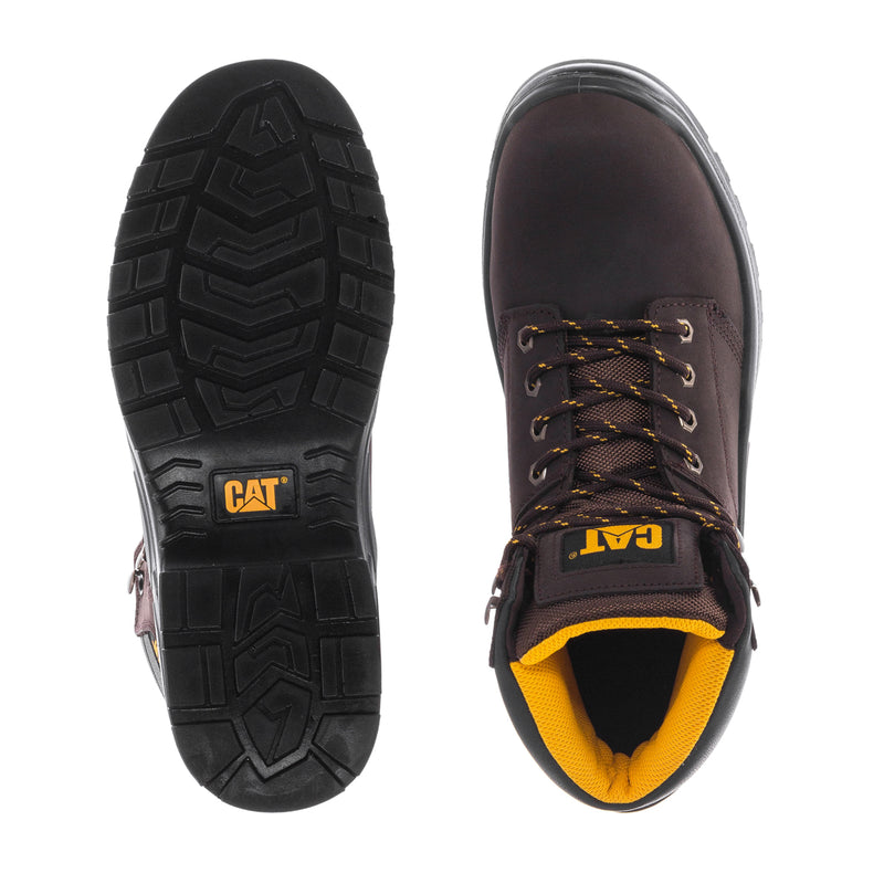 Rubber outsole and dark brown steel toe boot with lace-up and yellow lining