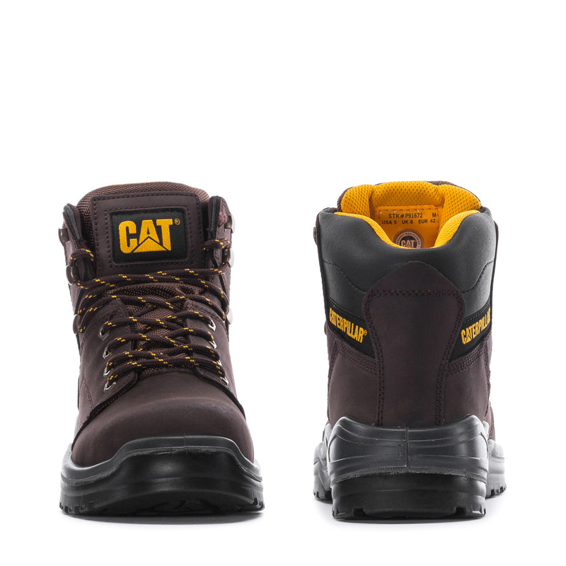 Two-tone dark brown steel toe work boots with lace-up, padded ankle, and CAT logo