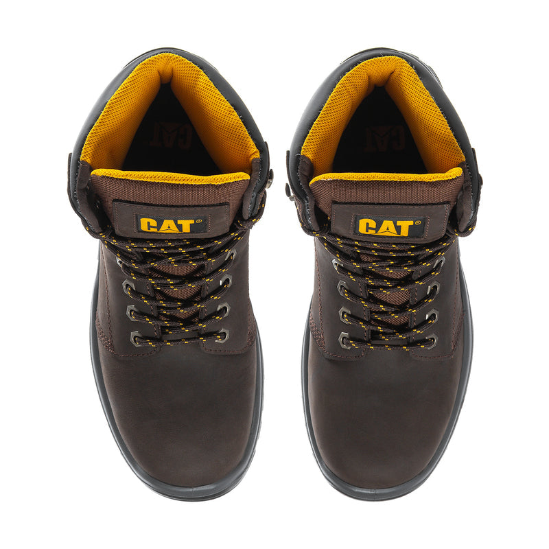 Men's wide work boots with dark brown uppers, yellow interior lining, CAT logo on tongue.
