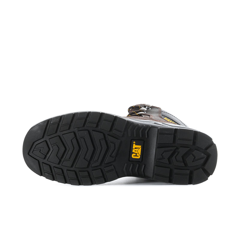 Men's wide work boot outsole with rugged tread and CAT logo on black rubber sole.