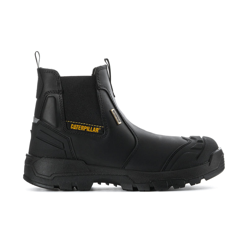 Men's black Chelsea work boot with Caterpillar logo and side pull-on elastic gore
