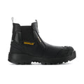Men's black Chelsea work boot with Caterpillar logo and side pull-on elastic gore