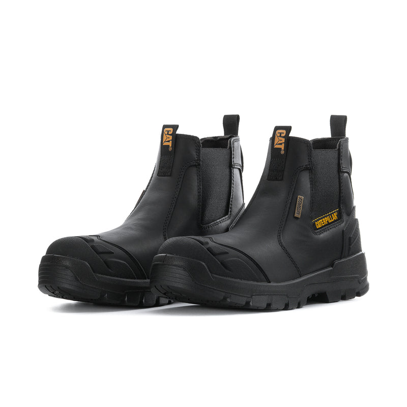 Men's black Chelsea work boots pair view with Caterpillar logo and chunky tread