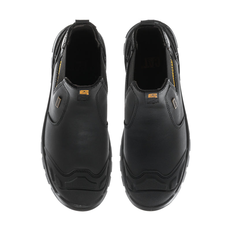 Men's black Chelsea work boot inner lining and side overlays, pair top view