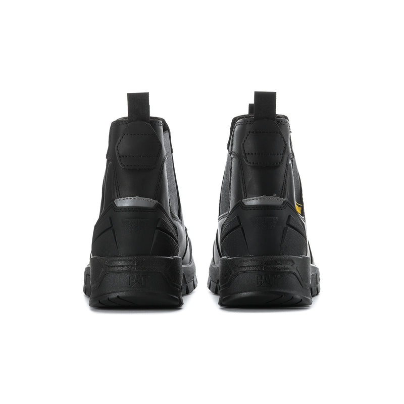 Men's black Chelsea work boots back view with heel tabs and stitched panel details