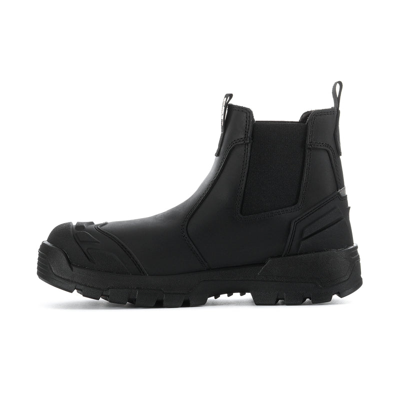 Men's black Chelsea work boot side view with cushioned collar and pull-on elastic gore