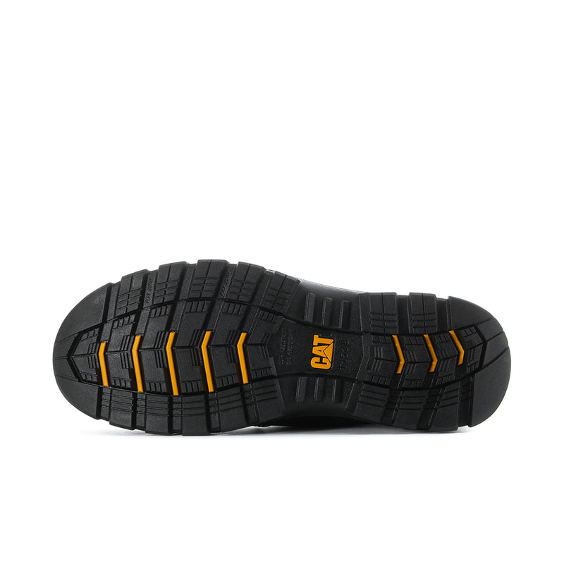 Men's black Chelsea work boot outsole with deep tread and Caterpillar logo on sole