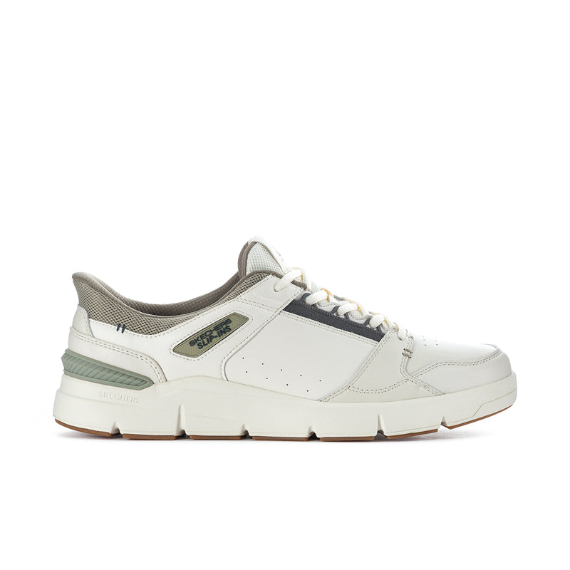 White low-top sneakers with gray collar, green side stripe, and lace-up front