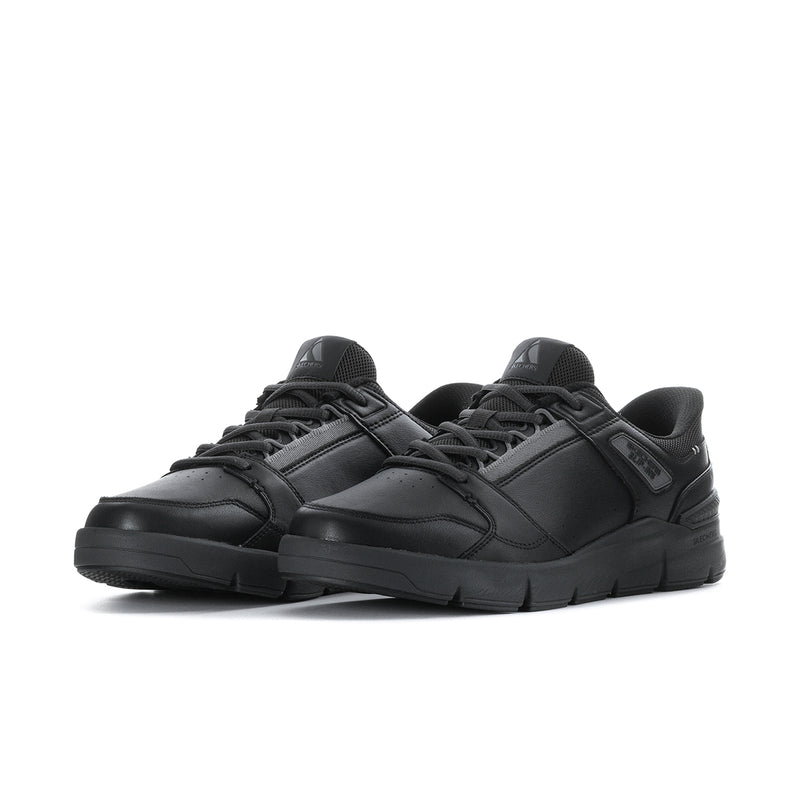 Pair of men's black lace-up sneakers with low-profile treaded sole