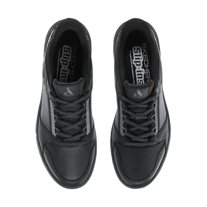 Men's black lace-up sneakers, top view showing tongue and padded interior