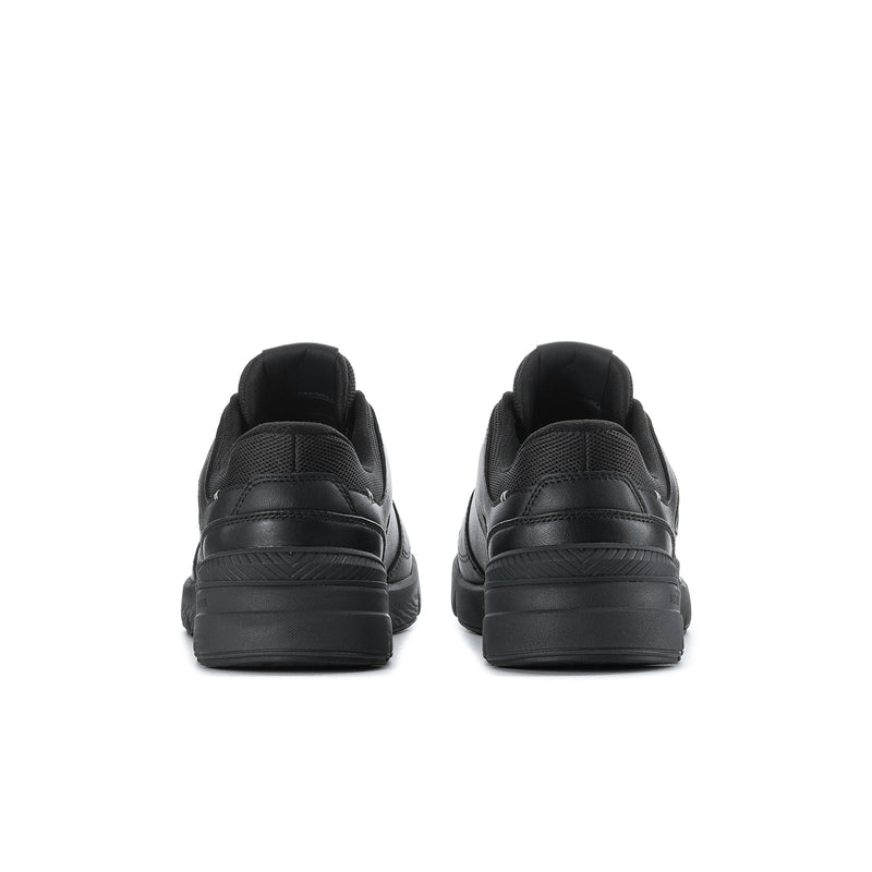 Men's black lace-up sneakers back view with cushioned heel and panels