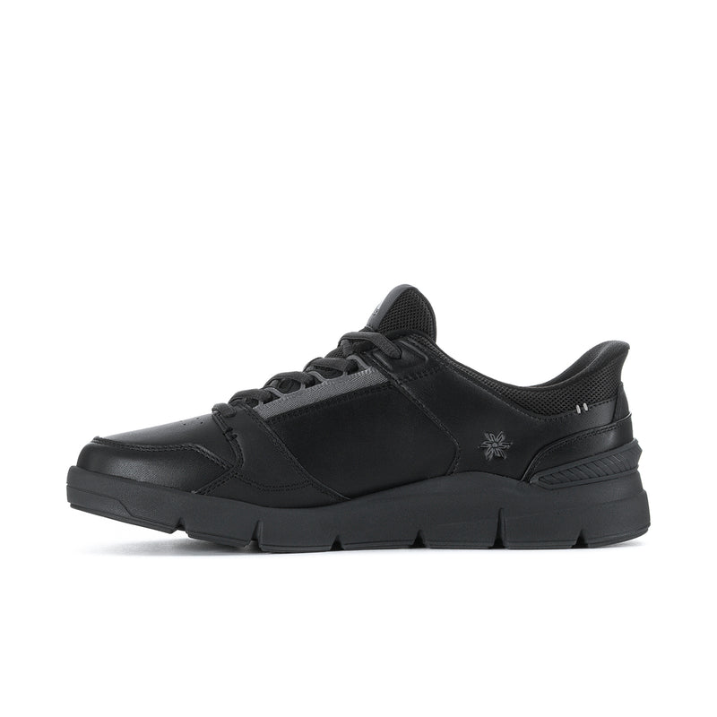Men's black lace-up sneaker side view with stitched overlays and lace eyelets