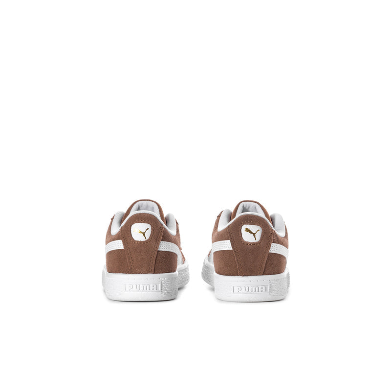 Kids brown suede sneakers, rear view with PUMA logo on heel tab