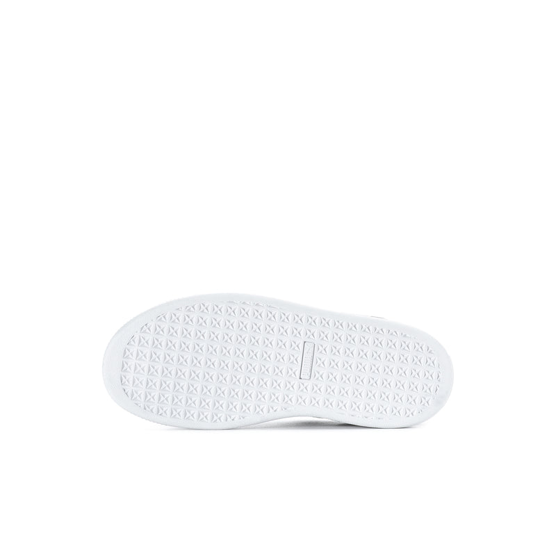Kids sneaker outsole with textured white rubber tread underside.