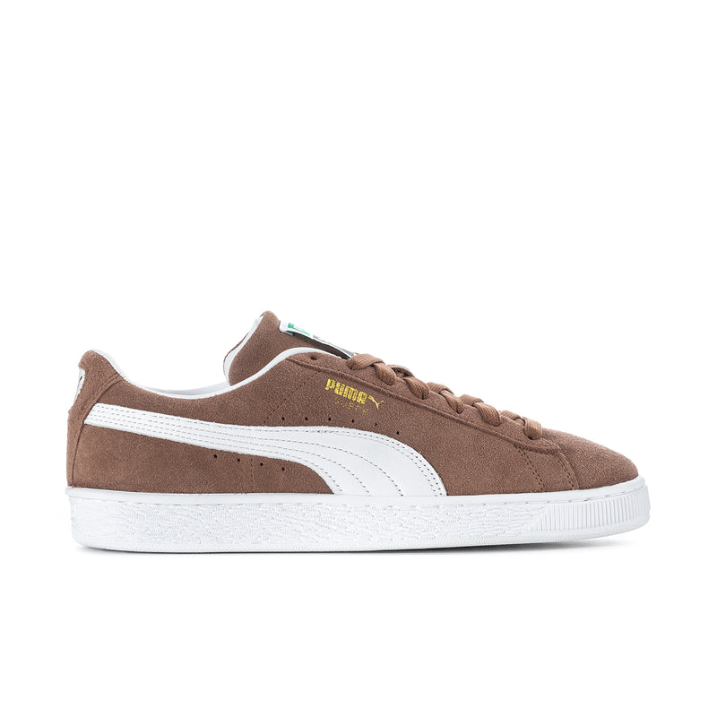 Men's suede sneakers in brown with white logo, lace-up, low rubber sole