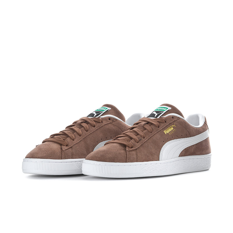 Pair of men's suede sneakers, brown with white side stripe and rubber sole