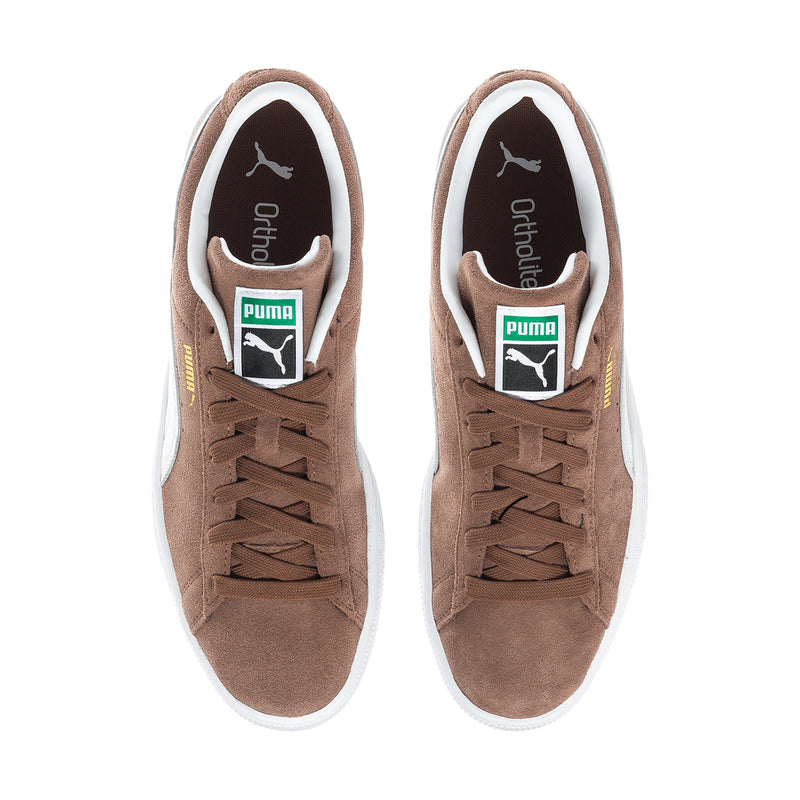 Men's suede sneakers, brown with white lining and black Puma cat on tongue