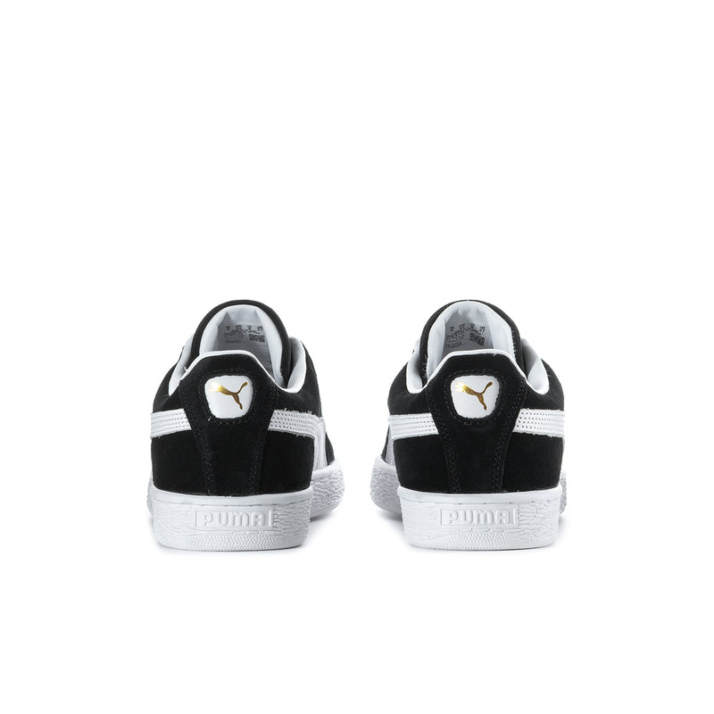 Black suede sneakers, back view with Puma logo heel tab and white sole