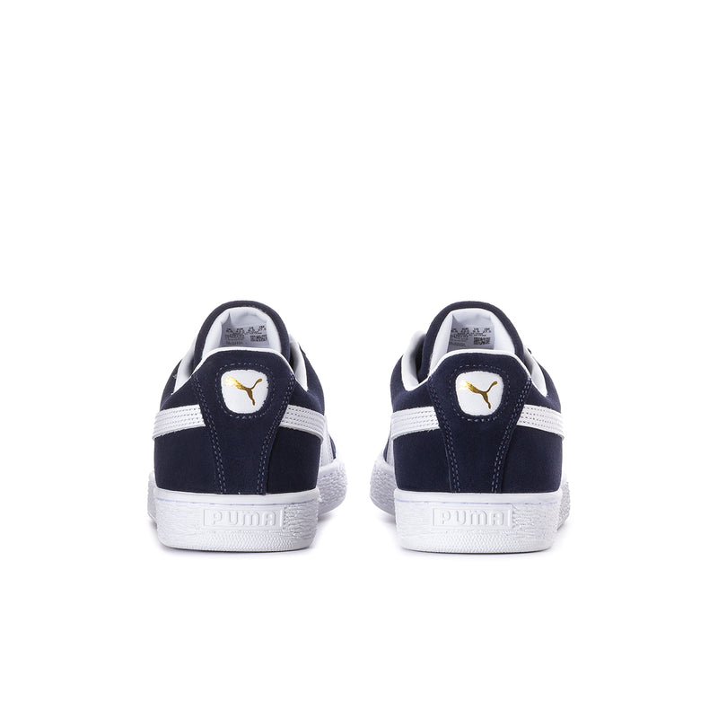 Back view of navy suede low-top sneakers with white heel stripe and Puma cat logo