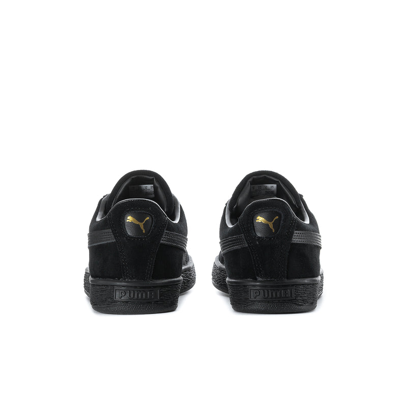 Black suede sneakers heel view with Puma logo on heel tab.