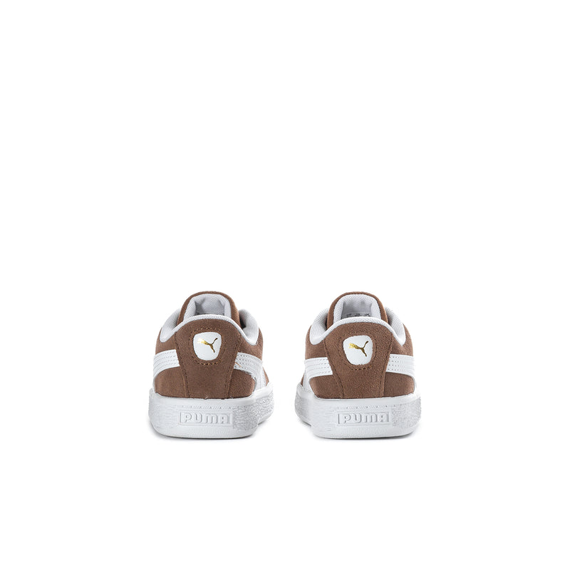Toddler suede sneakers, back view, brown heels with white logo patch and sole