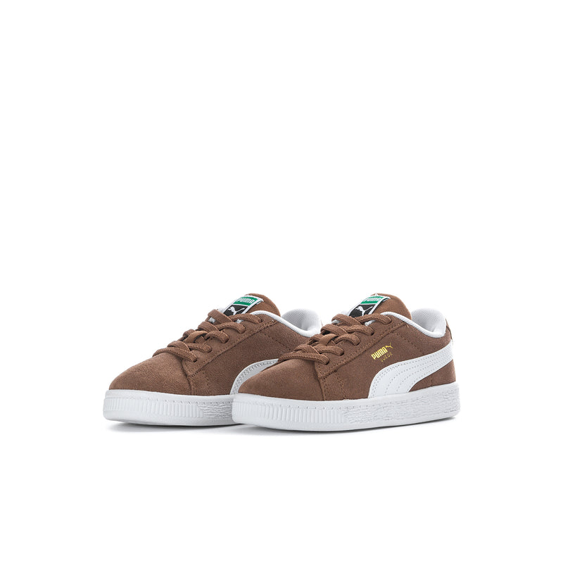 Toddler suede sneakers, pair view, brown uppers with white stripes and laces