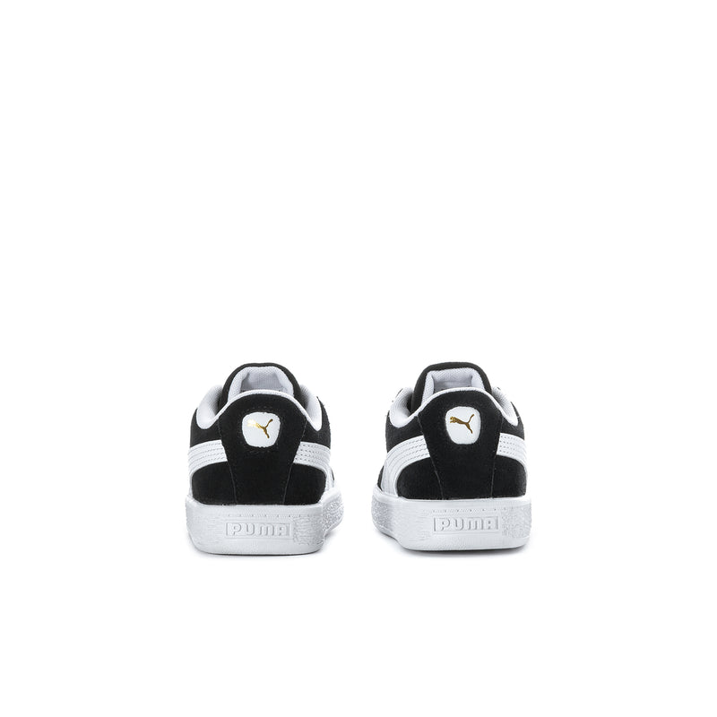 Toddler black suede sneakers, heel view with PUMA cat emblem and white rubber sole