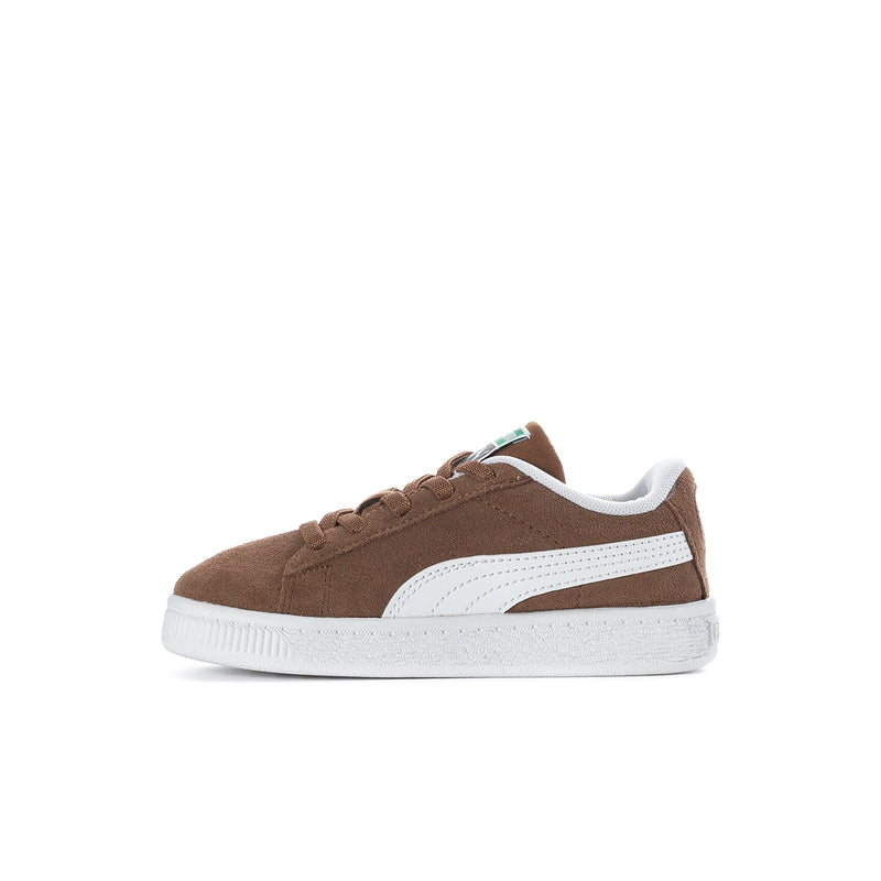 Toddler suede sneakers, side view, brown suede with white stripe and white sole