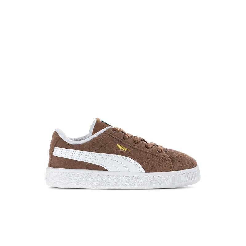 Toddler suede sneakers in brown with white side stripe and white rubber sole