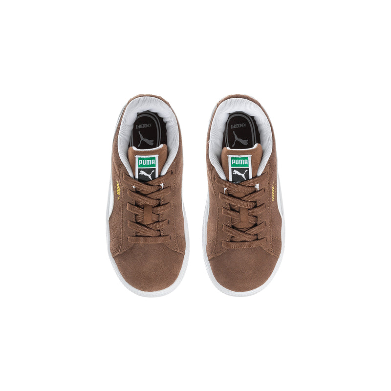 Toddler suede sneakers, inside view, brown tongue and lining with Puma branding