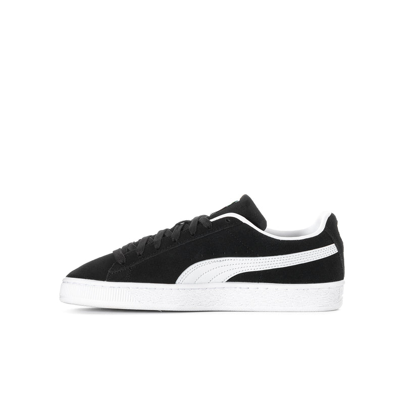 Youth black suede sneaker with white Puma stripe and black lace-up detail