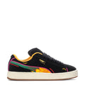 Black lace-up suede sneakers with colorful Dia de Muertos graphic and off-white sole.