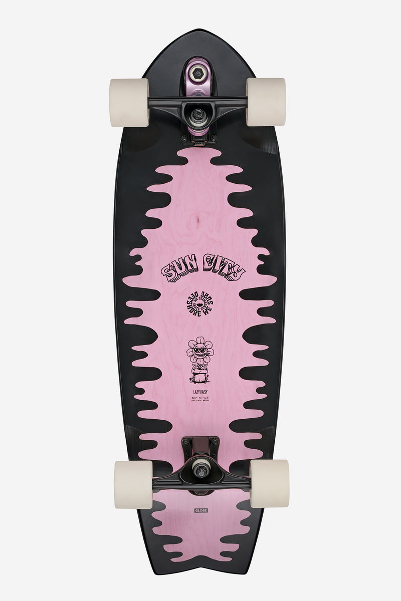 Top view of Sun City 2 30 inch Lazy Daisy with pink splash artwork on dark deck and white wheels