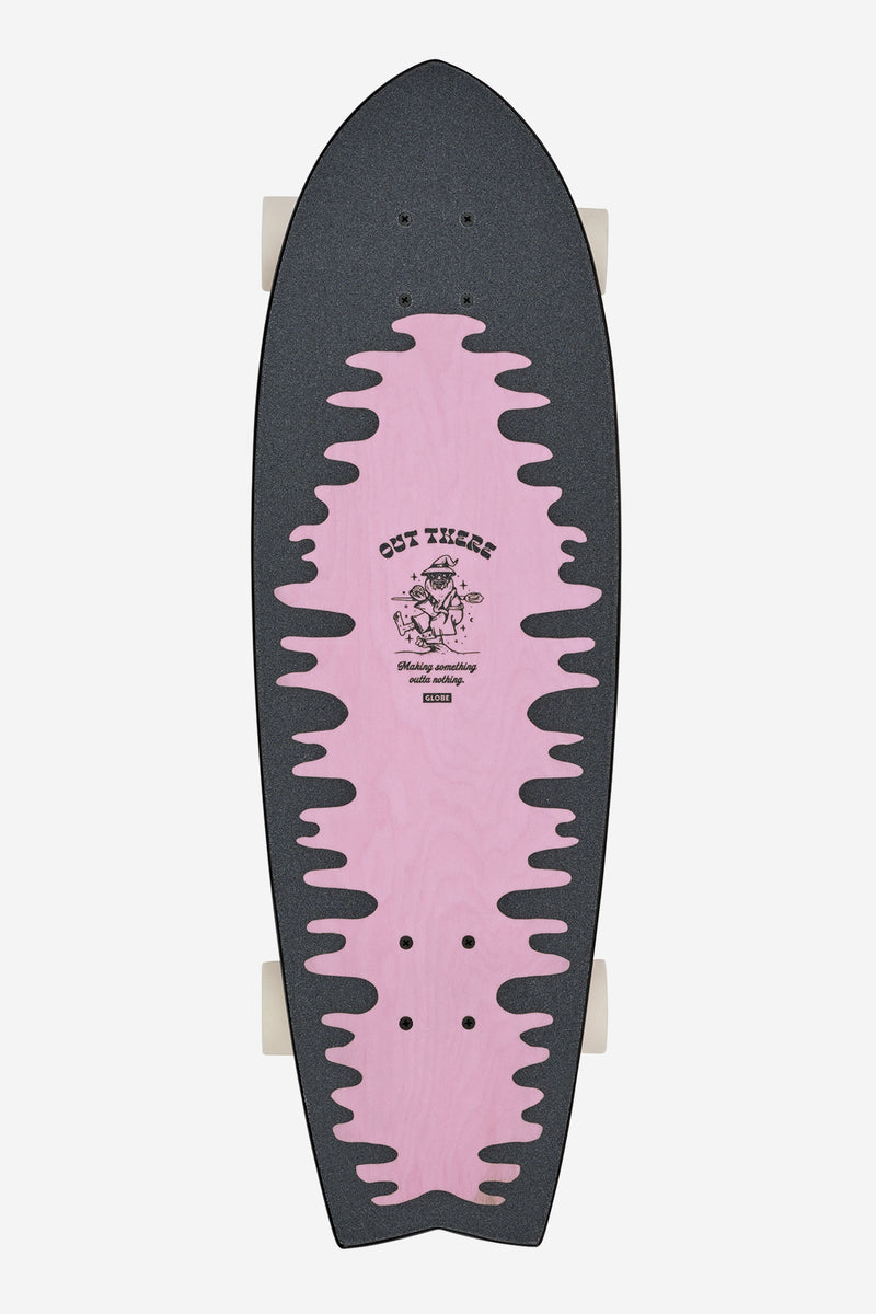 Top view of a 30 inch Lazy Daisy skateboard with black deck and large pink flame graphic