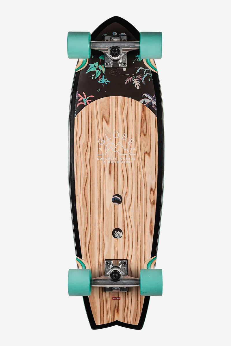 Top view of Sun City 30 inch Olivewood Neon Jungle cruiser with turquoise wheels and swallowtail shape.