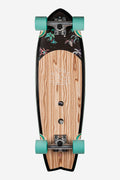 Top view of Sun City 30 inch Olivewood Neon Jungle cruiser with turquoise wheels and swallowtail shape.