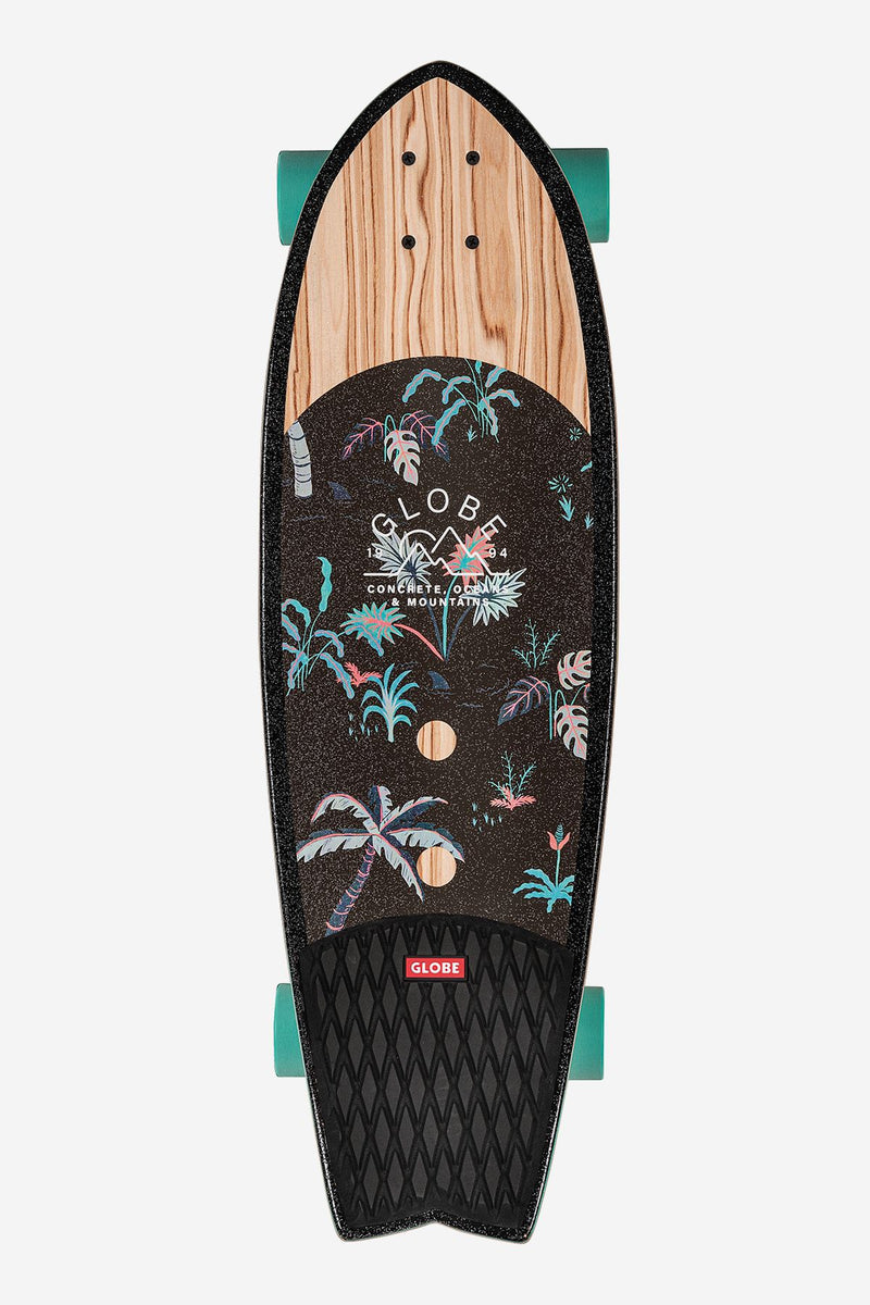 Angled shot of Sun City 30 inch Olivewood Neon Jungle cruiser showing palm tree deck art and turquoise trucks.
