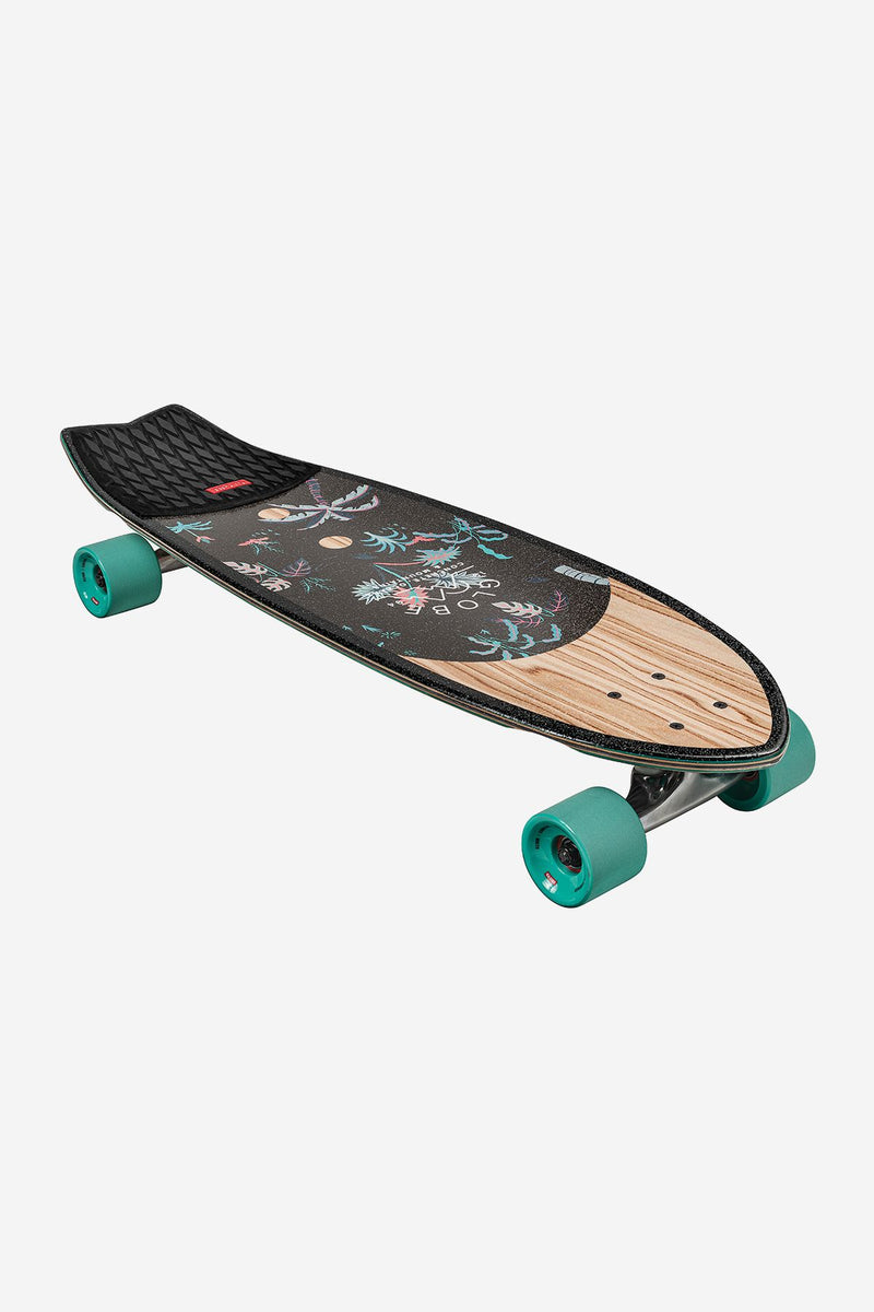 Diagonal view of Sun City 30 inch Olivewood Neon Jungle cruiser with palm tree graphic and turquoise wheels.