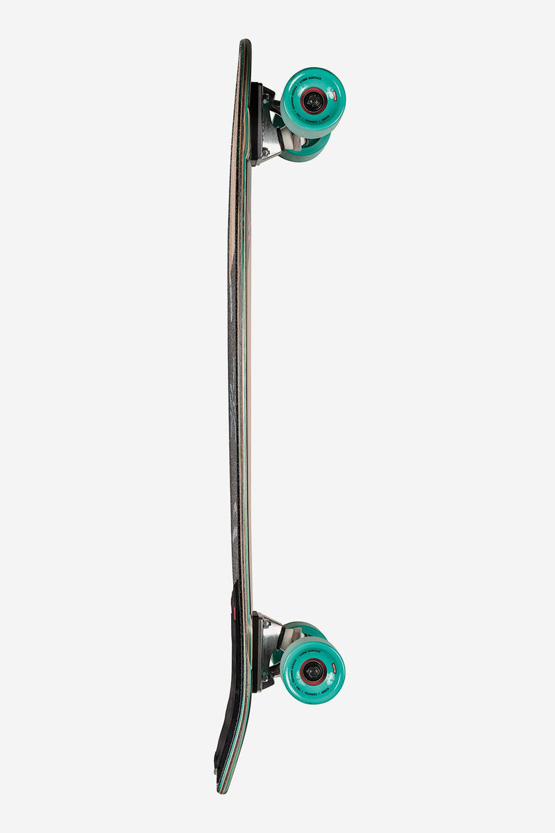 Sun City Cruiserboard 30 in Olivewood Neon Jungle side view with teal wheels and kicktail