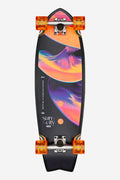 Sun City 30 inch Reishi cruiserboard with bold colorful deck artwork and orange trucks and wheels.