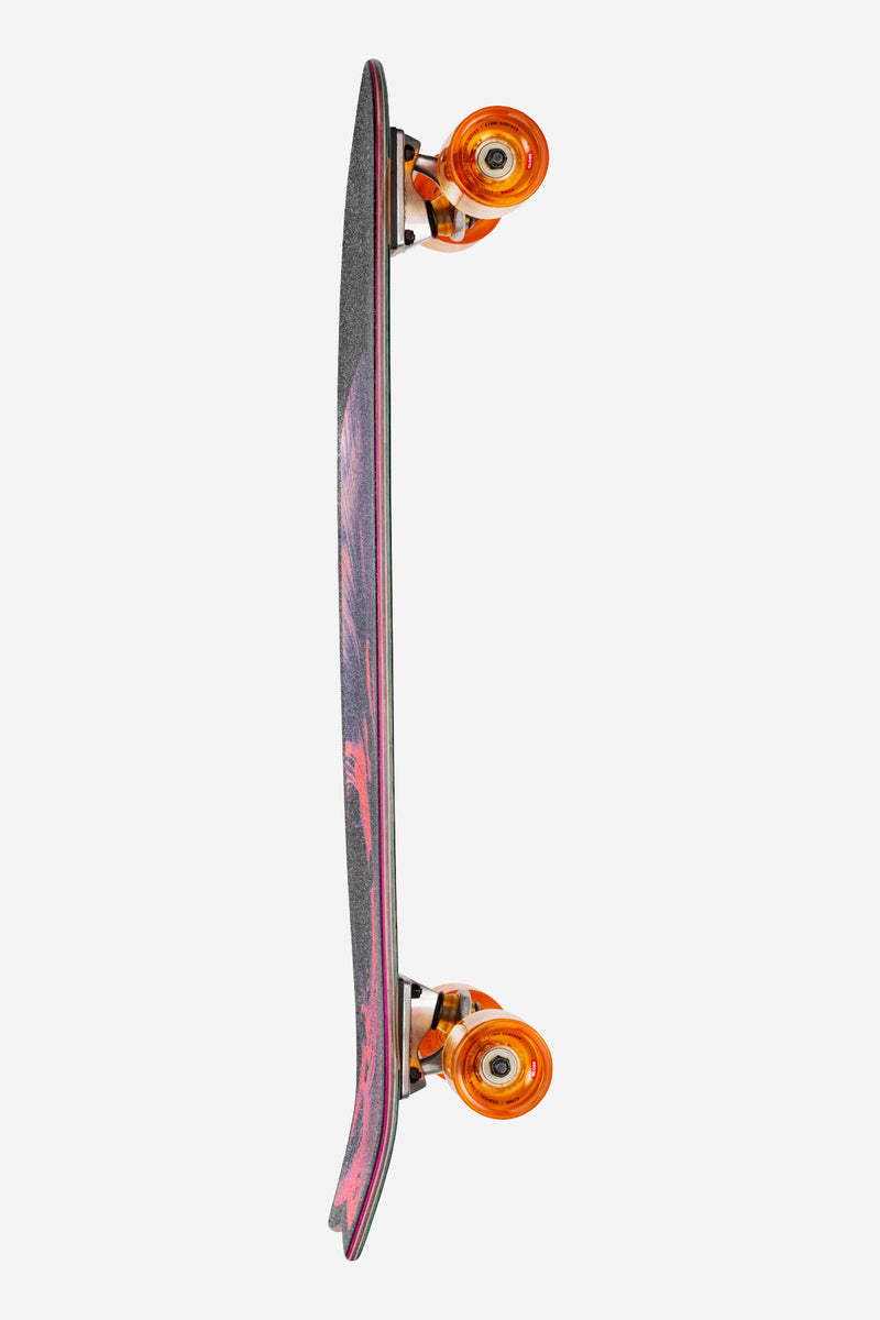 Side view of Sun City 30 inch Reishi cruiserboard showing swallowtail and bright orange wheels.