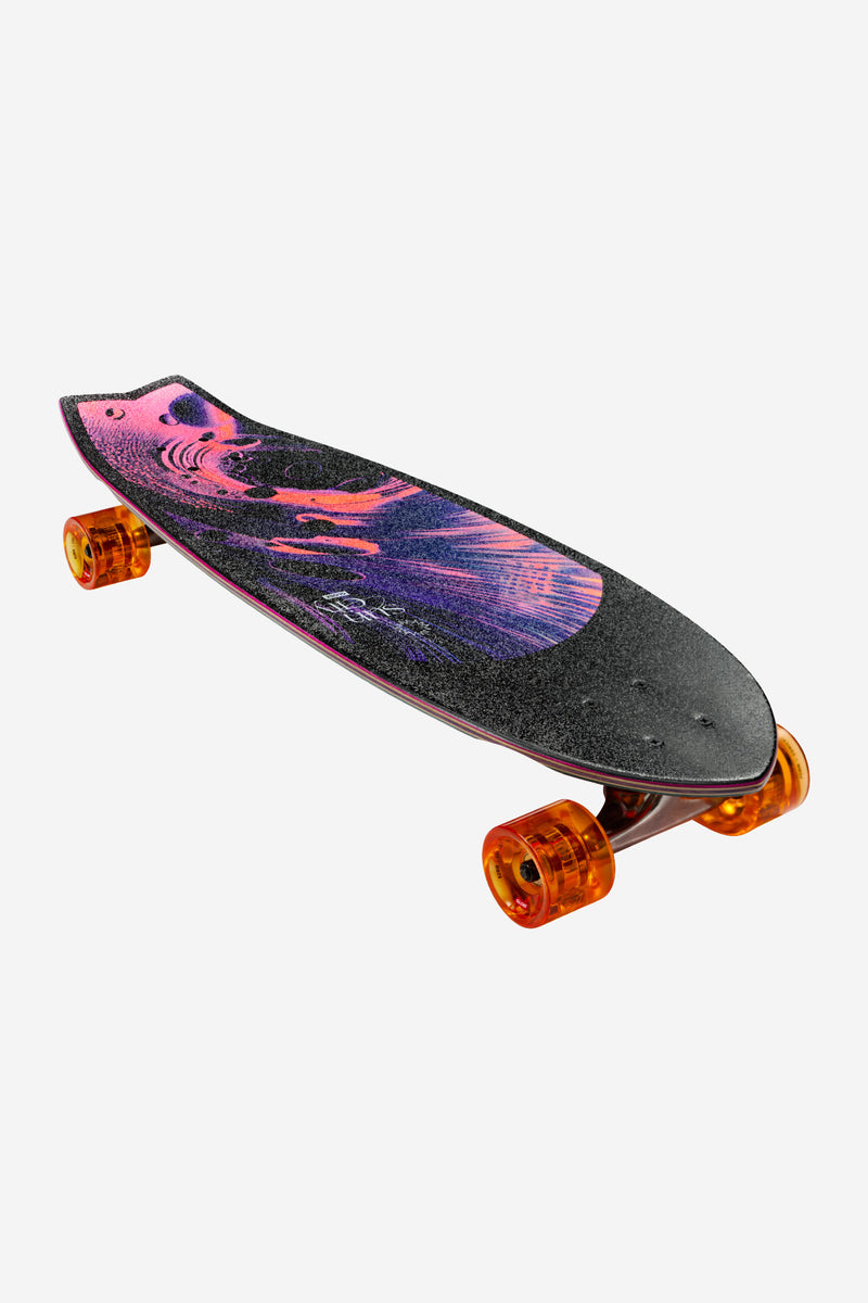 Angled top view of Sun City 30 inch Reishi cruiserboard with vivid swirl artwork and orange wheels.
