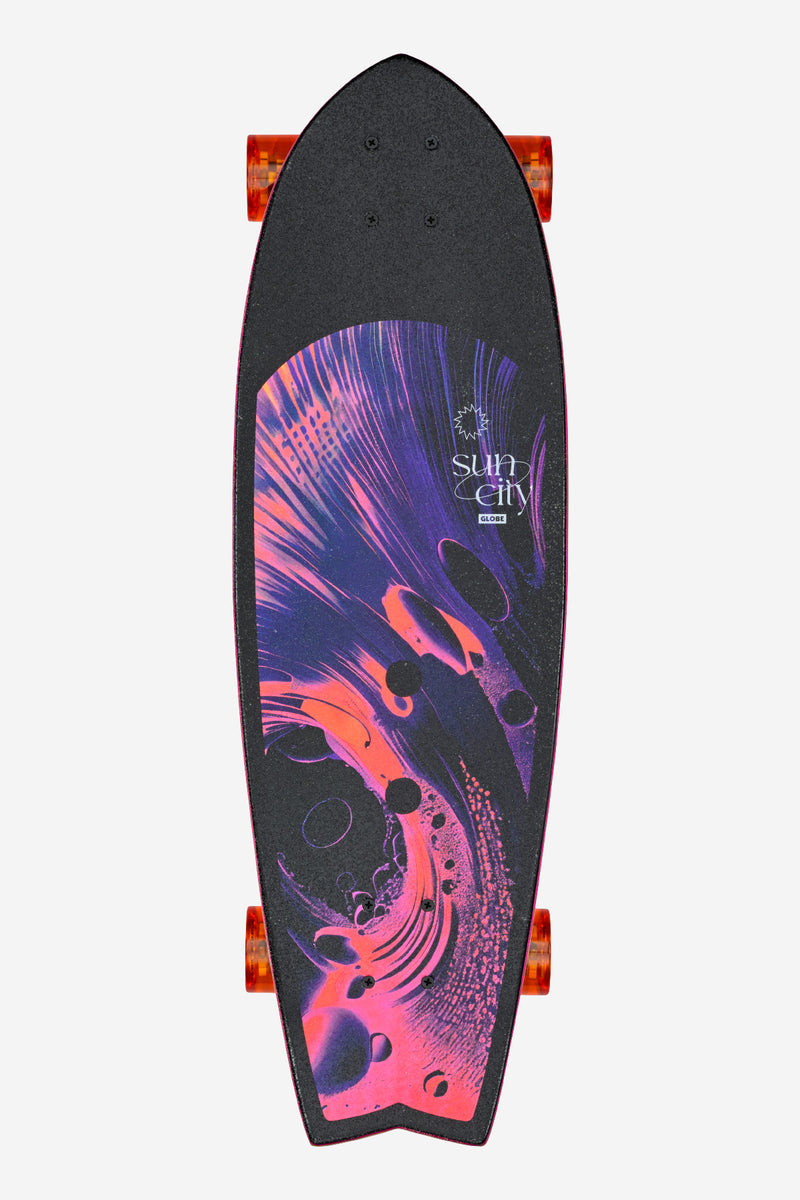 Top view of Sun City 30 inch Reishi cruiserboard with black grip deck and purple pink swirl graphic, orange trucks visible