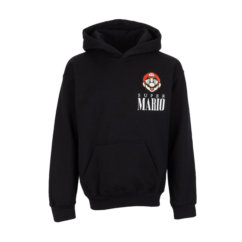 Youth black hoodie with Super Mario front logo and character graphic