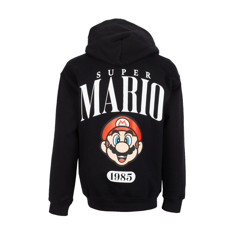 Youth black hoodie, back view with Super Mario 1985 graphic