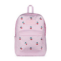 Pink cherry-print backpack with front zip pocket and two top straps