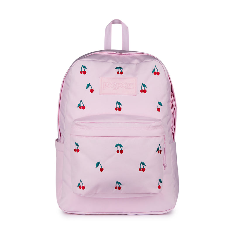 Pink cherry-print backpack with front zip pocket and two top straps