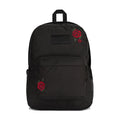Black backpack with embroidered roses and front logo patch