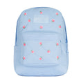 Light blue backpack with embroidered pink roses, front zip pocket and top handle.